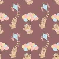 Seamless pattern, cute cartoon bears flying on balloons and kites. Baby shower background, print, vector