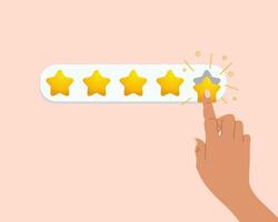 Five star feedback concept. Hand presses 3D five star quality button. Web icon, vector