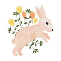 Cute Easter Bunny in spring flowers on a white background. Holiday print, illustration, postcard, vector