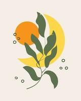 Retro poster in boho style. Abstract landscape with moon, sun and branch with leaves. Wall art, minimal design, vector