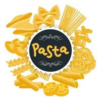 mundo pasta día. congratulatorio texto hecho desde pasta en un antecedentes de diferente tipos de italiano pasta. póster, vector