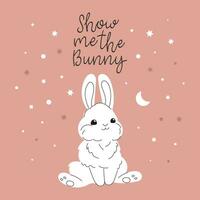 Cute white bunny and calligraphic lettering on a background of stars. Greeting card for Valentine's Day, Easter, birthday. Vector