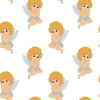 Seamless pattern, cute cupid, angel with a halo in the sky with clouds. Illustration, vector