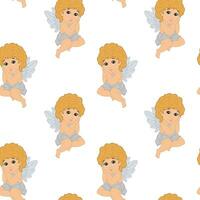 Seamless pattern, cute cupid, angel with a halo in the sky with clouds. Illustration, vector