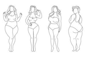 Silhouettes of women with different figures, set, sketch. Body positivity concept. Line art, vector