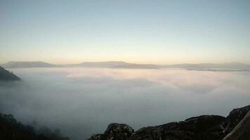 le brouillard les flux par le Montagne forêt, Soleil brillant dans tropical forêt, brouillard les dérives par Montagne crêtes dans le matin, lent flottant brouillard soufflant couverture sur le Haut de montagne, temps laps video