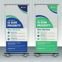 Modern healthcare and medical roll up design for hospital doctor clinic dental. standing banner template decoration for exhibition, printing, presentation, elegant layout. vector