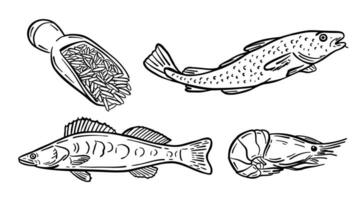 Seafood set. Vector illustration in doodle style