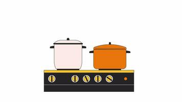 Kitchen stove pots boiling line 2D object animation. Food cooking energy efficient flat color cartoon 4K video, alpha channel. Preparing. Hot steaming cookware animated item on white background video