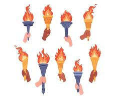 Set of burning torches with flame in hands. Symbol of competition victory, champion vector