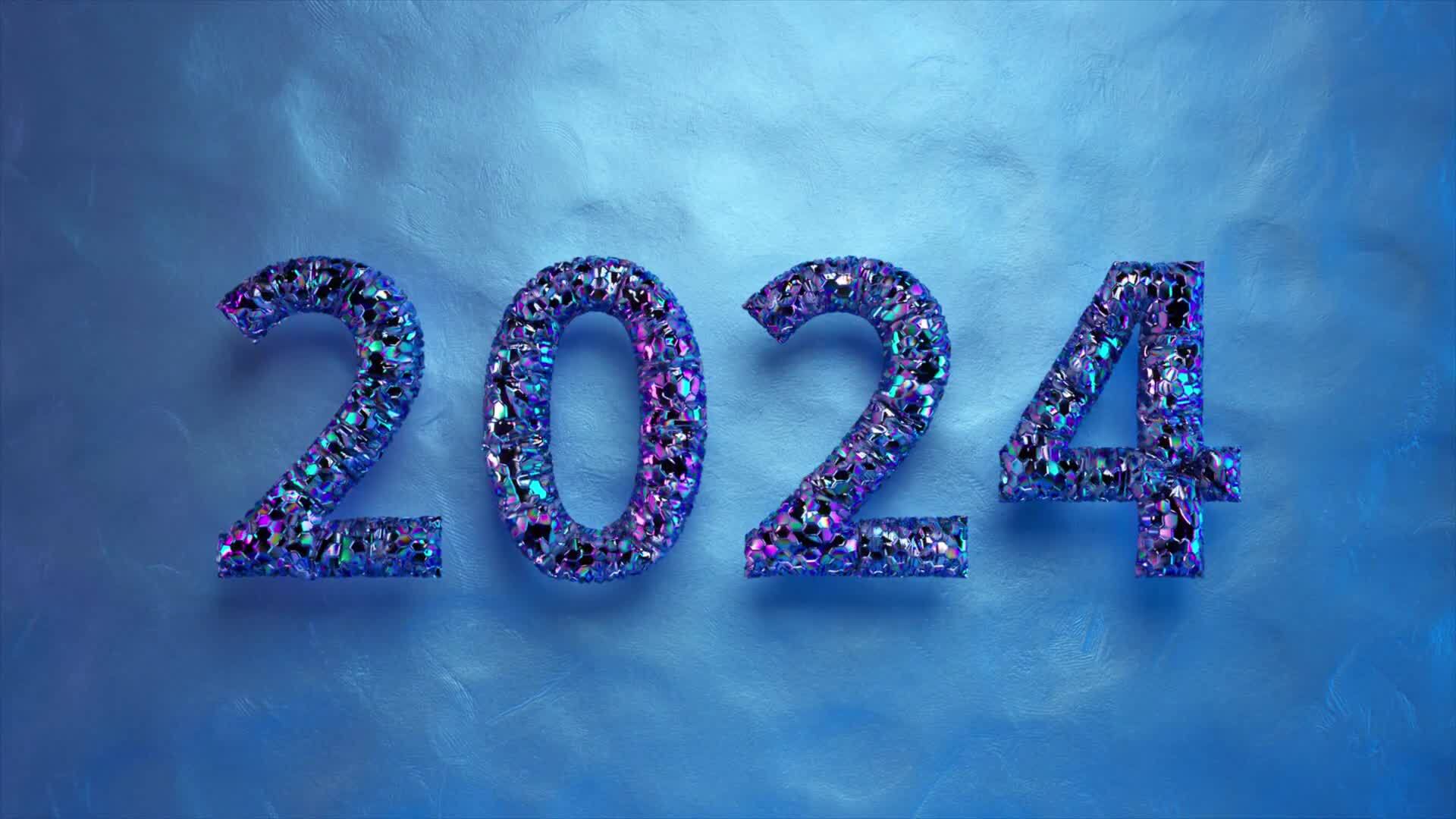 Sparkling numbers 2024 in luxurious glitter on a cool blue textured