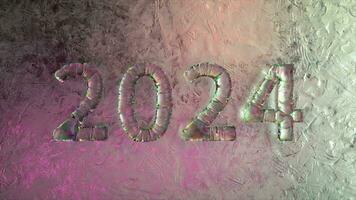 iridescente 2024 balões em uma gelado textura transmitindo uma futurista e comemorativo video