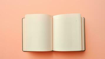 AI generated Blank Open Book Isolated on Pastel Color Background. Study, Education, Knowledge, Mockup photo