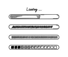 Set of doodle loading bars. Sketch download progress vector illustration, Upload status indicator. Computer user interface design element.