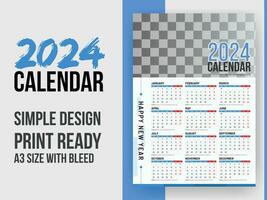 2024  single page wall calendar, vertical A3 format, week starts Sunday. Simple style annual calendar template for home, business or office. Minimal design print ready annual planner. vector