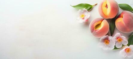 AI generated Close-up of ripe peaches and pink flowers against a white background. Banner with copy space. Ideal for poster, greeting card, promotion, advertising, print, elegant design photo