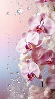 AI generated Purple pink orchids bouquet on light background with glitter and bokeh. Banner with copy space. Perfect for poster, greeting card, event invitation, promotion, advertising, Vertical. photo