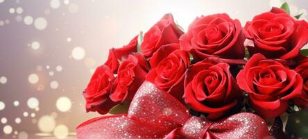 AI generated Red roses bouquet with a red ribbon bow on light background with bokeh. Banner with copy space. Perfect for poster, greeting card, event invitation, advertising, print, elegant design photo