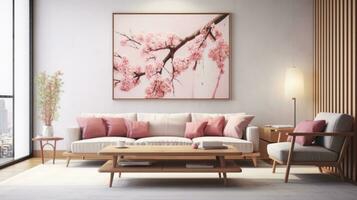 ai generado elegante rosado interior con floral Cereza florecer pared Arte y contemporáneo mueble. habitación es lleno con natural luz, Perfecto para diseño inspiración, revistas y blogs foto