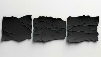 AI generated Three sheets of black torn papers, each with a unique pattern of wrinkles, isolated on a white background. Suitable for creative design elements and textures photo