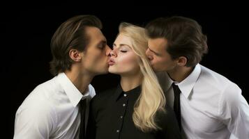 AI generated Blond woman in a black shirt kissed by two men. Trio relationship concept. Intimate moment in a romantic trio. Complex relationships and connection. Contemporary love and intimacy. photo