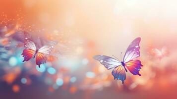 ai generado vibrante mariposas en contra un antecedentes con Bokeh. pastel colores. bandera con Copiar espacio. ideal para diseño, decoración, promocional materiales, fondos de pantalla, impresión medios de comunicación o con temas de la naturaleza foto