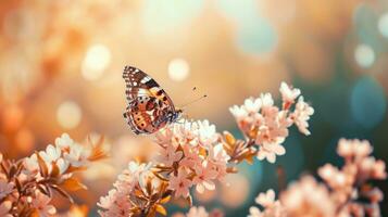 AI generated Colorful butterfly on blooming flowers, with blurred bokeh background. Pastel peach colors. Banner with copy space. Ideal for presentations, articles, websites related to nature, design, photo