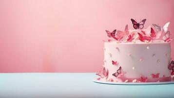 AI generated Pink cream cake decorated with sugar butterflies figures on solid gradient light pink background. Minimalist. Banner with copy space. Ideal for celebrations, advertisements photo