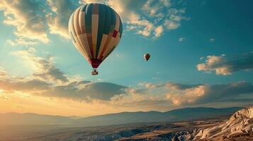 AI generated Hot air balloons flying over a scenic landscape at sunset. Ideal for travel, adventure, and nature themes. Banner with copy space. photo