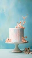 ai generado hermosa blanco pastel con melocotón floral decoraciones y mariposas, conjunto en contra un suave azul fondo. ideal para cumpleaños o Boda celebraciones vertical formato. foto