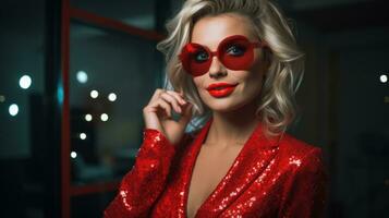 AI generated Elegant glamorous blonde with bright makeup in a festive red sequin dress and red sunglasses on a sparkling dark background. Corporate party. Ideal for fashion, event promotions, photo