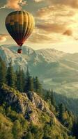 AI generated A colorful hot air balloon floats over a picturesque landscape at sunrise, ideal for travel or nature themes. Vertical format. With copy space. photo