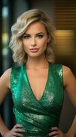 AI generated Beautiful young blonde with bright makeup in a green sequin dress on dark background. Vertical format. Ideal for fashion, event promotions, or luxury content photo