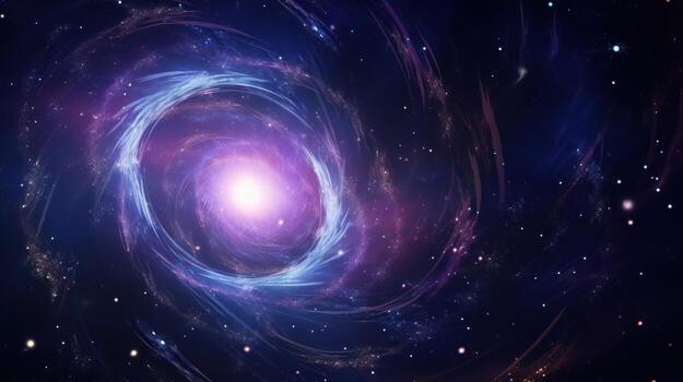AI generated Rotating Black Hole in cosmos in background of shining stars, in indigo purple colors. Big Bang. Spiral galaxy. Ideal for backgrounds or space-themed content photo