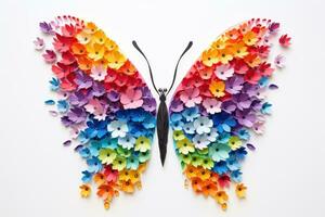 ai generado vistoso mariposa hecho de arco iris flores pastel colores. aislado en blanco antecedentes. ideal para decoración, diseño elementos. tarjeta postal, saludo, álbum de recortes, bandera, póster. foto