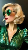 AI generated Beautiful young glamorous blonde with green sunglasses and green sequin dress on a dark background. Vertical format. Ideal for fashion, event promotions, or luxury content photo