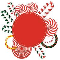 Sweet candy from a Christmas candy cane in red and white and green stripes. An empty Christmas and New Year template. Vector cartoon illustration isolated on a white background.