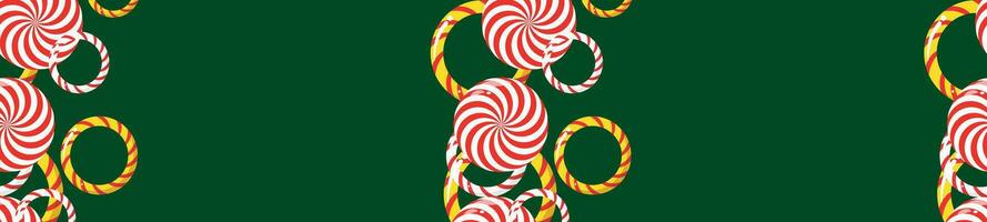 Sweet candy from a Christmas candy cane in red and white and green stripes. An empty Christmas and New Year template. Vector cartoon illustration isolated on a white background.