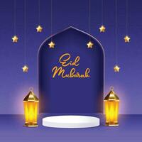 Ramadan sale background with lanterns and podium with eid mubarak text vector