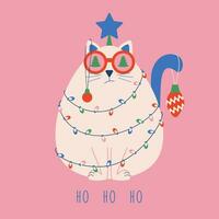 Christmas card with a funny cat wrapped in a garland and toys with a star on its head and text ho ho ho. vector