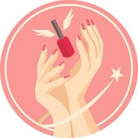 Manicure logo for nail art salon vector image. Two hands holding red nail polish bottle with wings and flying star around in pink peach design