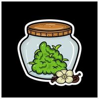 Vanilla Flavor With Cartoon Mascot of Weed Bud On Jar. For Sticker and label. vector