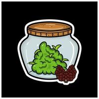 Pine Cone Flavor With Cartoon Mascot of Weed Bud On Jar. For Sticker and label. vector