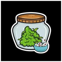 Cereal Flavor With Cartoon Mascot of Weed Bud On Jar. For Sticker and label. vector