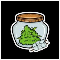 Marshmallow Flavor With Cartoon Mascot of Weed Bud On Jar. For Sticker and label. vector