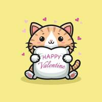 Vector illustration banner design image of cute cat with white pillow for valentine's day. Cartoon style.