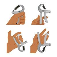 Man doing hand grip with grip strengthener exercise set. vector