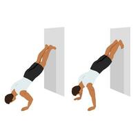 hombre haciendo invertido pared empujar arriba ejercicio. vector