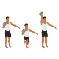 Man doing kettlebell offset reverse lunge and press exercise. vector