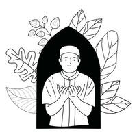 black and white illustration of people's gestures during Ramadan vector